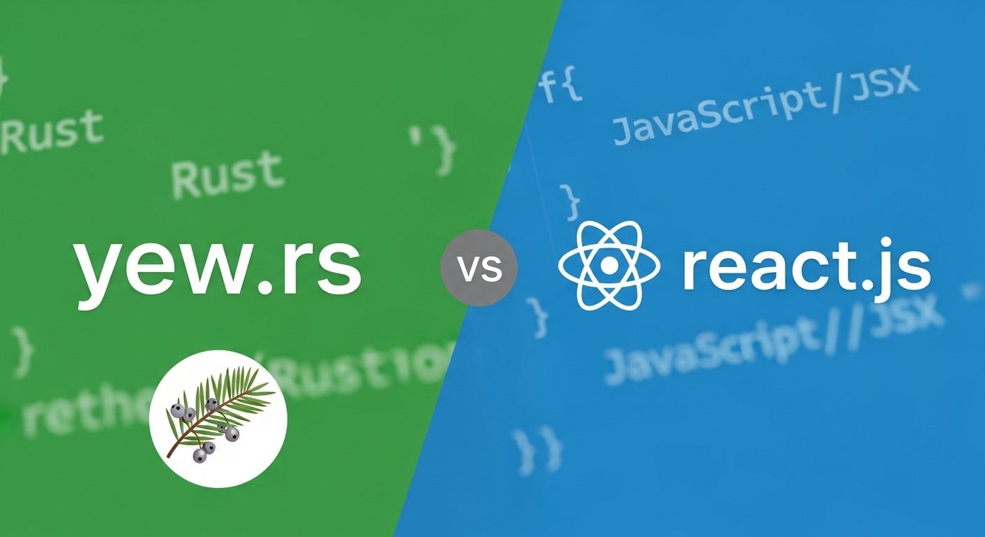 A person coding on a laptop with Rust and React logos.